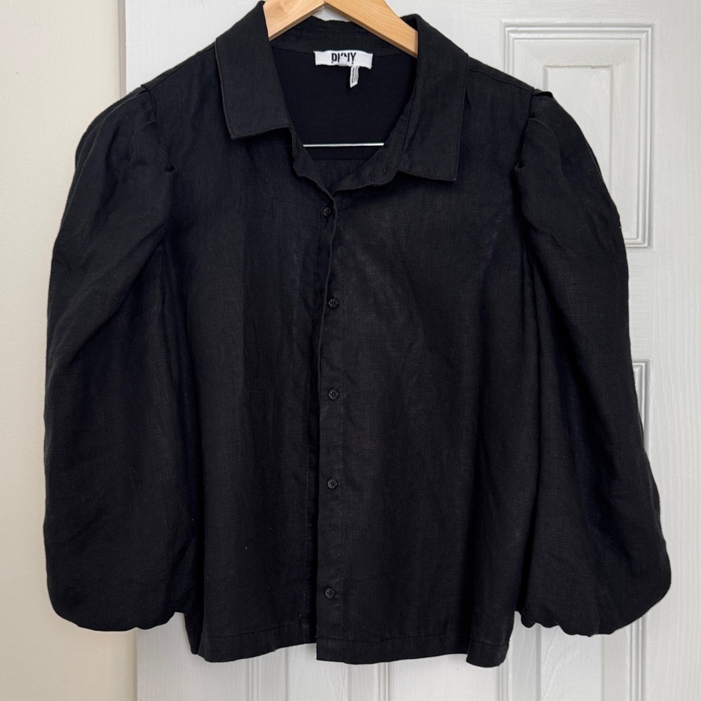 DKNY Black Puff Sleeve Linen Blouse